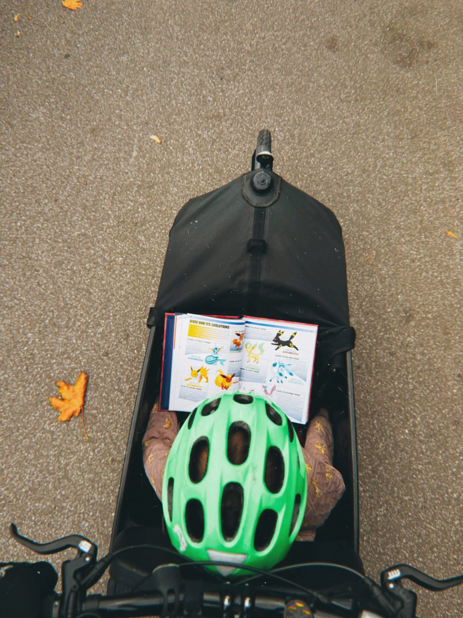 Seen from above: a child in a green helmet sits in the cargo box reading a Pokémon book.