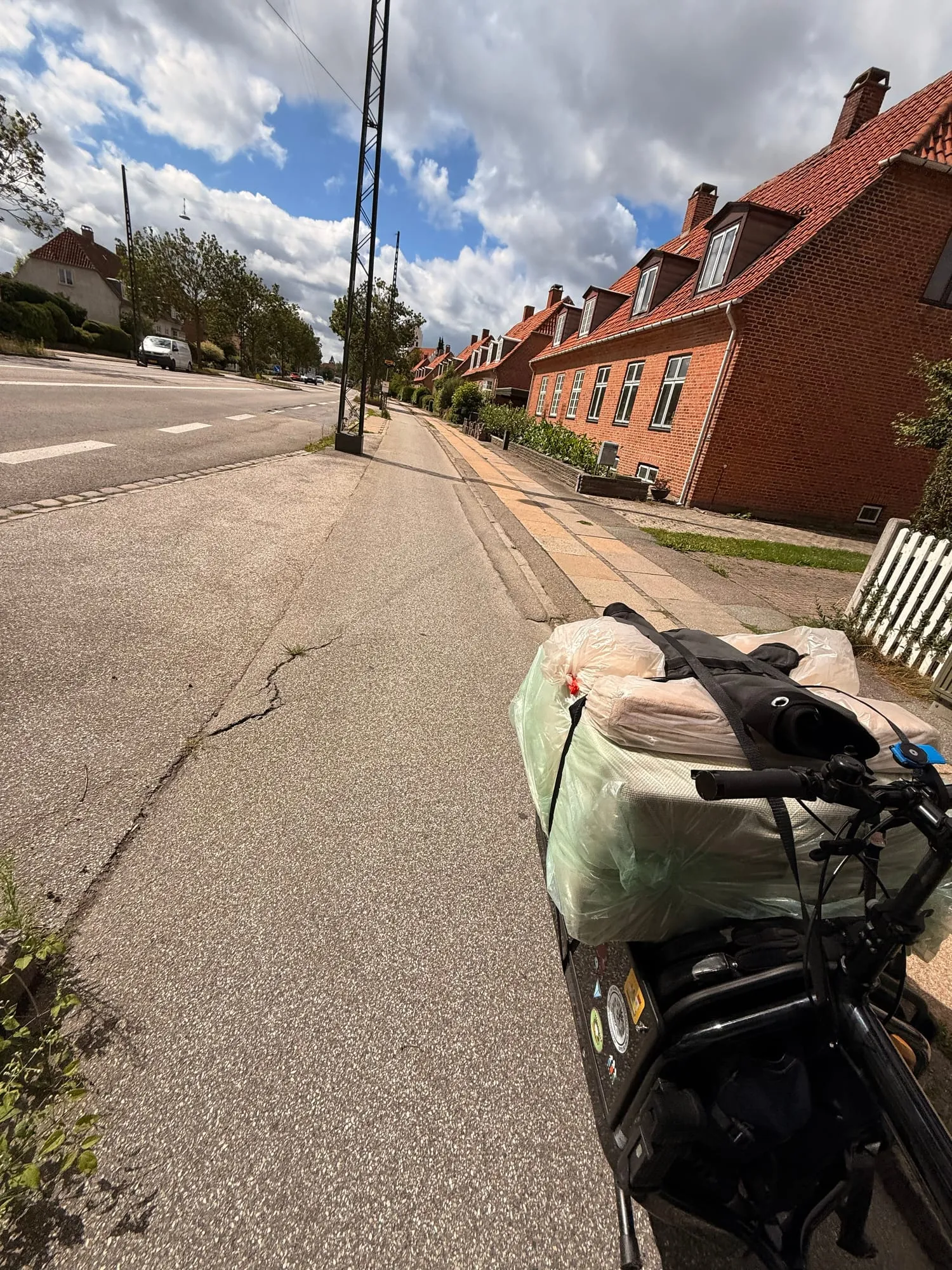 A cargo bike loaded high with wrapped bundles parked at the curb of a residential street.